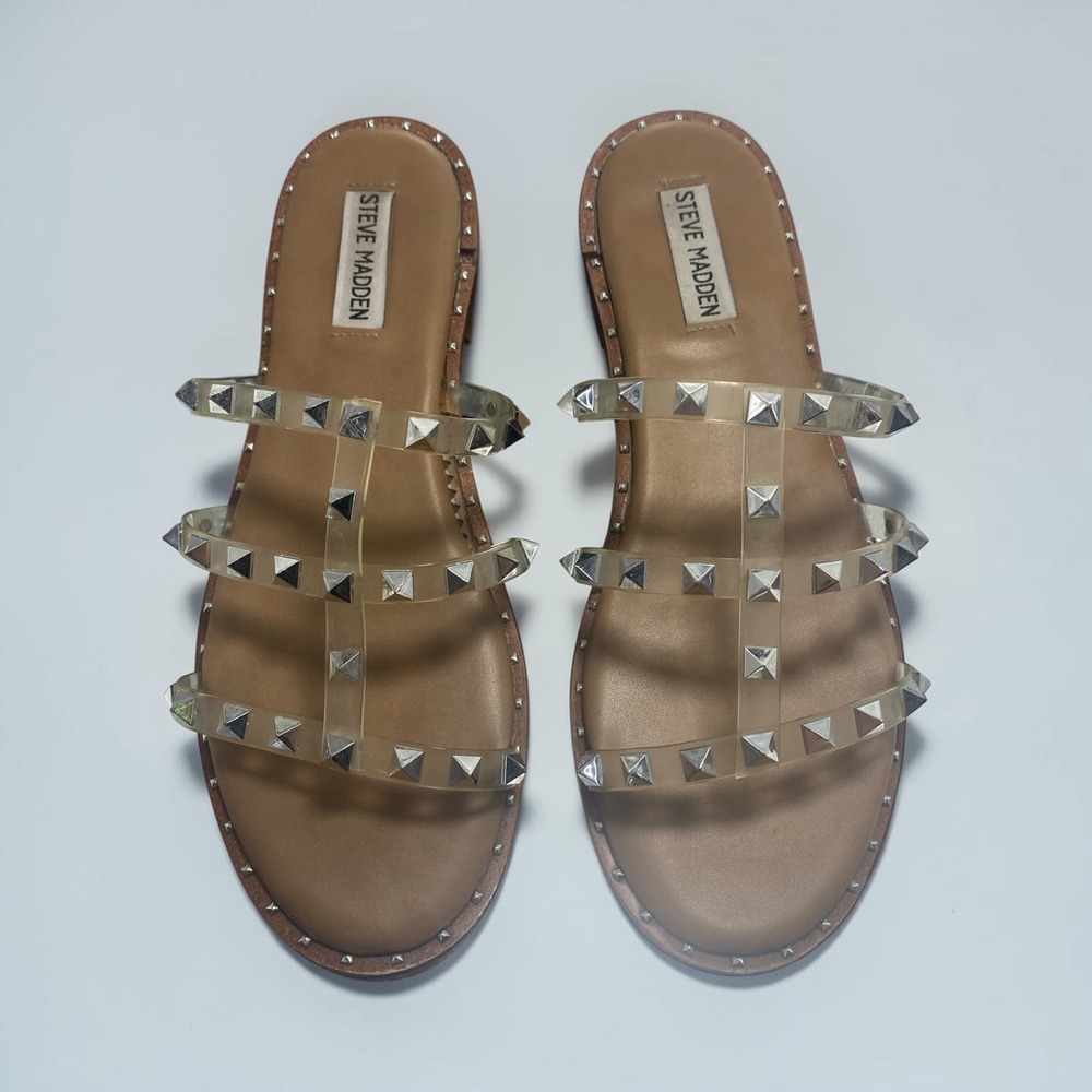 Steve Madden Skyler Clear Studded Flat Slide Sandals Tan Silver Size 9